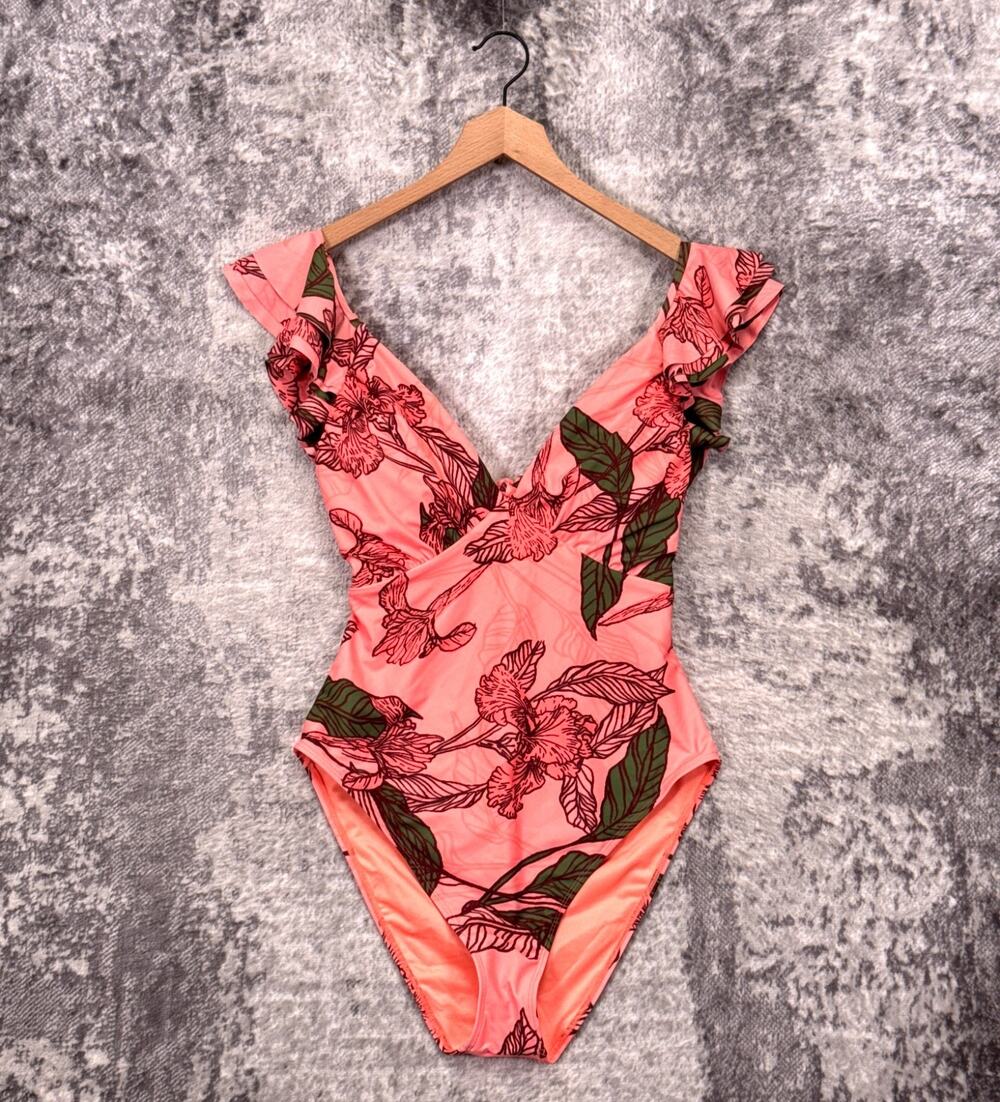 Anthropologie Hutch Calla Ruffle One Piece Swimsuit XL Womens Pink Floral